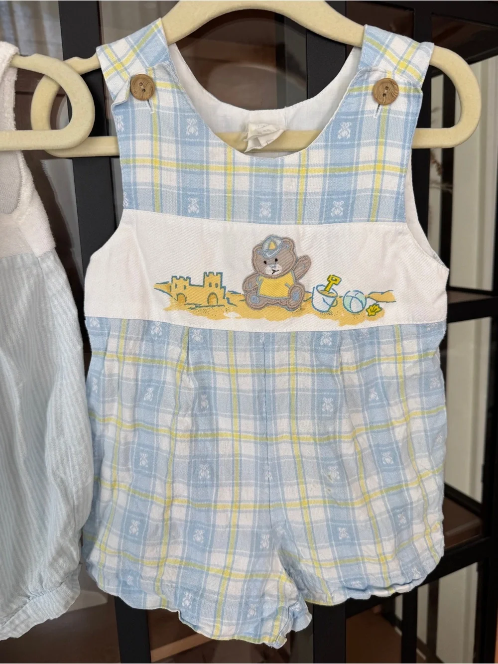 Vintage 1997 Teddy bear embroidered romper overalls shortall jon jon beach baby